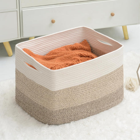 Large Blanket Basket for Living Room, Woven Storage Basket for Toys, Cotton Rope Basket, 22”x17”x12”