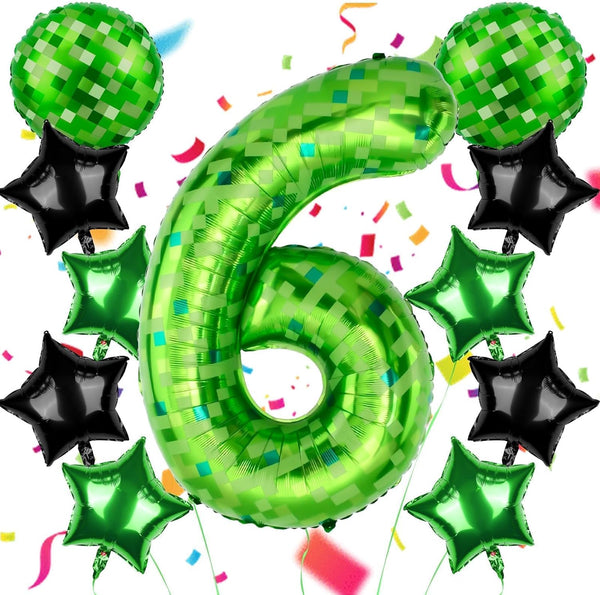 AXBMM 40 Inch Green Pixel Themed Number 6 Balloon Set Foil Balloon for