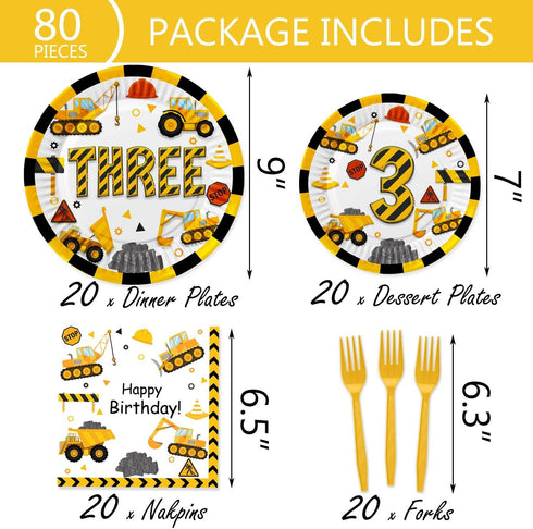 118 3rd 3rd Pcs Construction Birthday Decor Construction Three Years Old Paper Dinner Plates Napkins Forks Cups