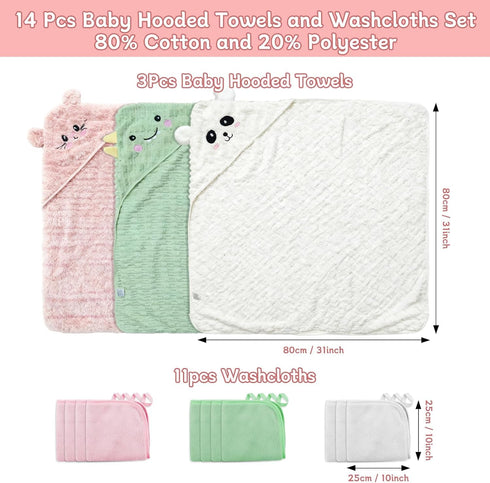 Generic 14 Set, 3 11 PCS Thicken Baby Towels PCS Soft Hooded Baby Towels & PCS Washcloths, Baby Bath Towels