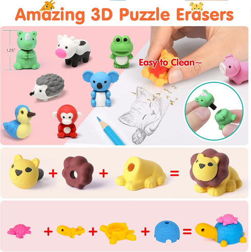 34 Pack Animal Pencil Erasers for Kids - Bulk Desk Pet Toy, 3D Mini Puzzle Erasers, Treasure Box Toys Game Prize