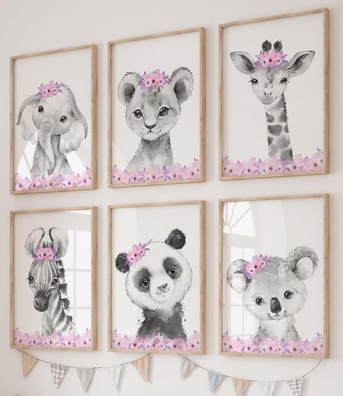 Safari Animals Baby Girls Nursery Set of 6 Unframed Wall Art Prints,