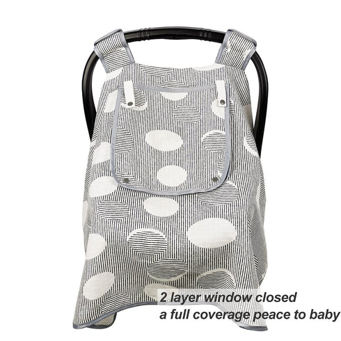 ICOPUCA Muslin Car Seat Covers for Babies, Lightweight Kick Proof Canopy, Black Strip Polka, Fits Summer/Autumn/Spring