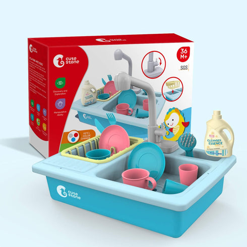 CUTE STONE Color Changing Kitchen Sink Toys, Electric Dishwasher Playing Toy with Running Water, Upgraded Faucet System