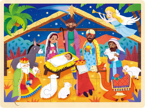 Wooden Nativity Puzzle for Kids Ages 3-5 - 24 Piece Christmas Jigsaw Puzzle with Tray for Toddlers