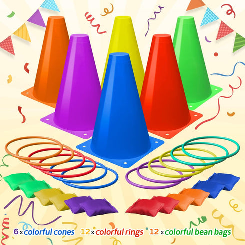 Eocolz 3 in 1 Carnival Games Set - Soft Plastic Cones, Bean Bags, Ring Toss Games for Kids Birthday Party Supplies