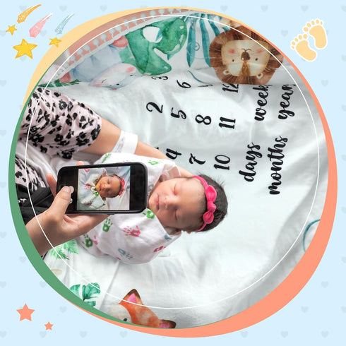 Peryiter Baby Monthly Milestone Blanket, 43.3" x 43.3", Safari Jungle Animals Leaf, Newborn Play Mat with Growth Chart
