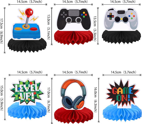 6 PCS Video Game Honeycomb Table Centerpiece Game On Controllers GamePad Table Toppers Centerpieces Decro for Game Theme Baby Shower Kids Boys Girls Birthday Party Table Decorations Supplies