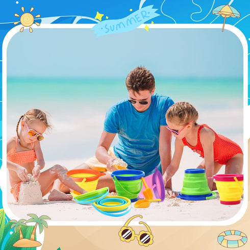 12 Pcs Foldable Pail Bucket with 12 Shovels, 2.5 L Collapsible Sand Buckets for Beach Toys, Colorful