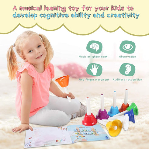Hand Bells - 8 Note Musical Handbells Set with 10 Songbook, Percussion Instrument for Toddlers and Children