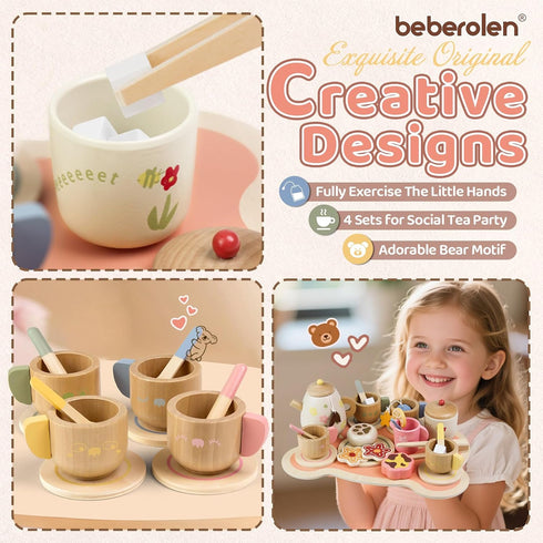 Set 3-5 2 3 4 5 6 Beberolen Tea Party for Toddlers Girls Boy Birthday Gift Pretend Play Food Wooden Picnic Outdoor Toys