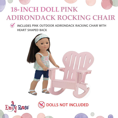 18" Emily Rose Doll Adirondack Rocking Chair - Pink Wooden Heart-Back Design Furniture with Smooth Rocking Motion - USA