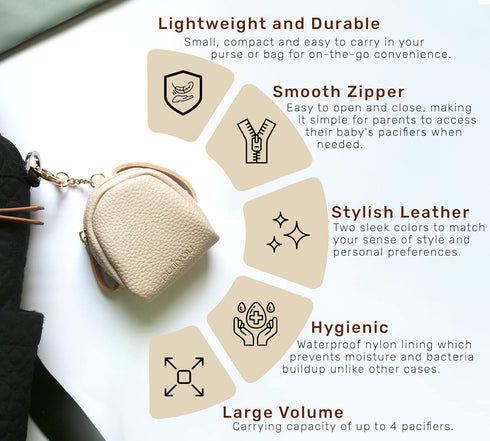 purifyou Premium Leather Pacifier and Nipple Shield Cases - Set of 2 Black & Beige for Diaper Bag & Stroller