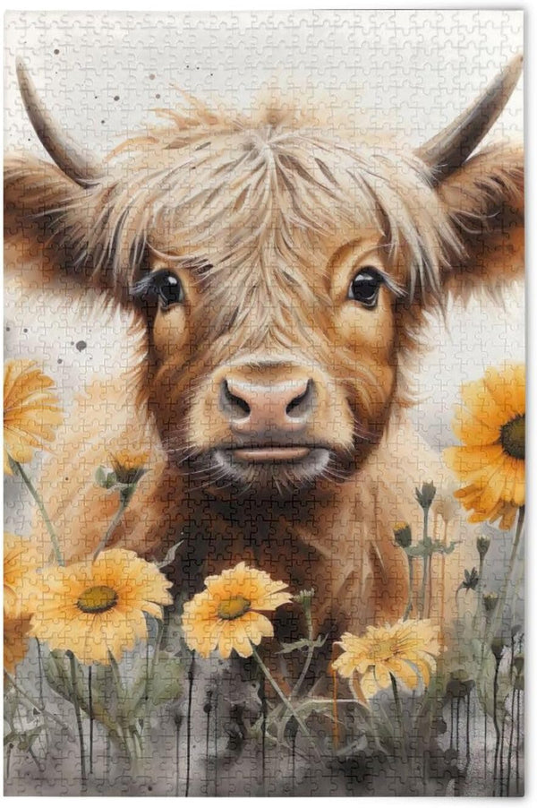 Puzzles for Adults, 1000 Piece Cute Highland Cow Sunflower Jigsaw Puzzle, Kids Game Toys Gift Home Decor
