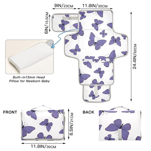 Grkkuti Purple Butterfly Portable Diaper Changing Pad Foldable Compact Diaper Changing Mat with Built-in Pillow Baby
