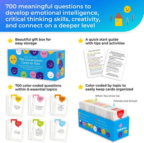 700 Kids Conversation Cards, Fun Starter Cards for Family Night, Dinner, Play Games, Color-Coded Across 6 Topics