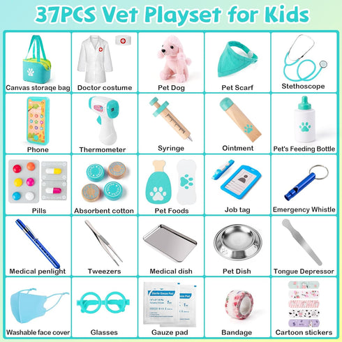 37PC 3-5, Sundaymot Doctor Kit for Kids, Pretend Play Doctor Toys, Doctor Kit for Toddlers with Dog Toy, Medical Bag
