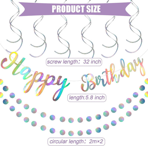 Zonon 9 Pcs Iridescent Party Decoration Disco Happy Birthday Banner, Rainbow Shiny Circle Garlands Holographic Hanging