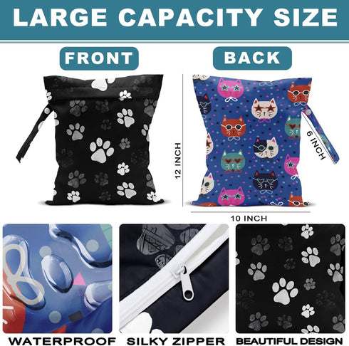 ZHAMEN 2Pcs 12x10 Inch, 6 Inch, Cat Wet Bag Cats Paw Waterproof Travel Laundry Bags, Hand Strap Washable Reusable Wet