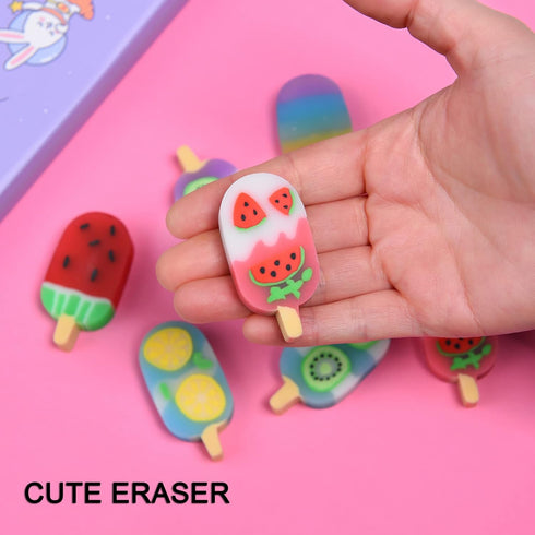 DOMG 16Pcs Ice Cream Erasers for Kids, Cute Fruit Shaped Fun Food Erasers for Classroom Rewards and Party Favors