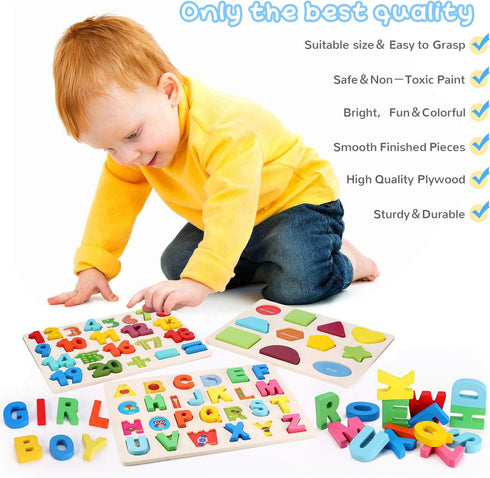 Kesletney Wooden Puzzles for Toddlers, Alphabet Number Shape Learning Toys for Kids, 3 in 1 Montessori