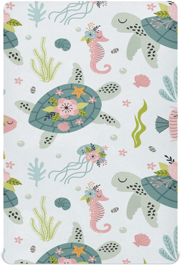 Fitted Crib Sheets, Turtle Sea Horse Stretchy Portable Playard Sheets, Soft Mini Crib Mattress 39 x 27 in for Babies