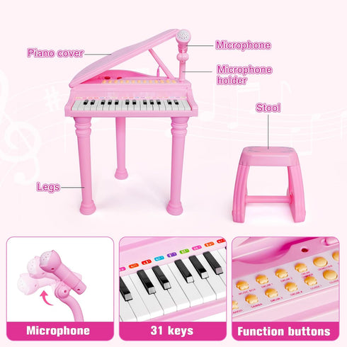 Love&Mini 31 Keys Pink Piano Keyboard Toys for Girls, with Microphone and Stool, Toddler Music Gifts for Ages 1-5