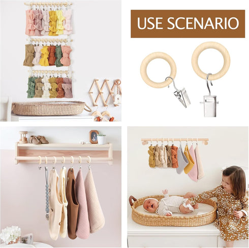 30 Pack 2.5 Inch POVETIRE Wood Rings with Clips for Hanging Baby Headband Hair Accessories Baby Bib NecklaceJewelry Hat