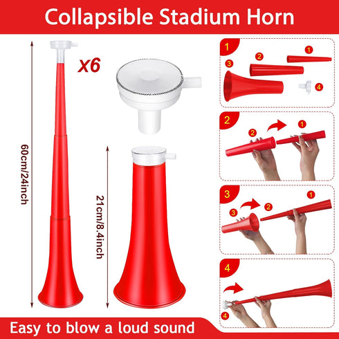 12 24 Inch Treela Pcs Collapsible Stadium Horn and Metal Cowbells Vuvuzela Horn Blow Plastic Trumpet Cow Bells