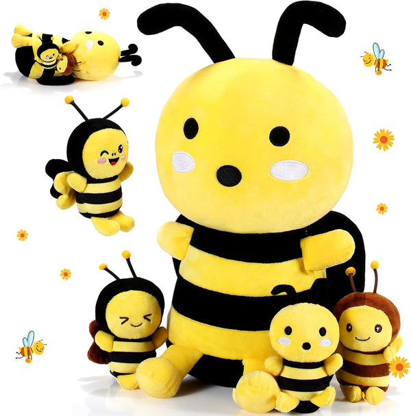 Aoriher 5 Pcs Bee Stuffed Animals — 1 Large Plush Bee and 4 Cute Baby Bees for Birthday Gifts and Decorations