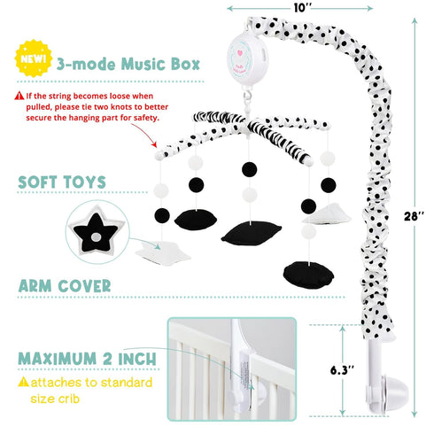 3-Mode Montessori Baby Crib Mobile High Contrast Mobile for Crib, Black and White Nursery Mobile with Upgraded Music