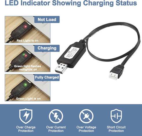 MEIRIYFA 7.4V 1A Lipo Battery USB Charger Cable, XH-3P 2S USB Connector Plug with LED Indicator Light for RC Car Rock