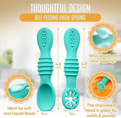 4pc Silicone Self Feeding Baby Utensils Set, 3 Baby Spoons and 1 Baby Fork, BPA Free, Dishwasher Safe (Blue/Green)