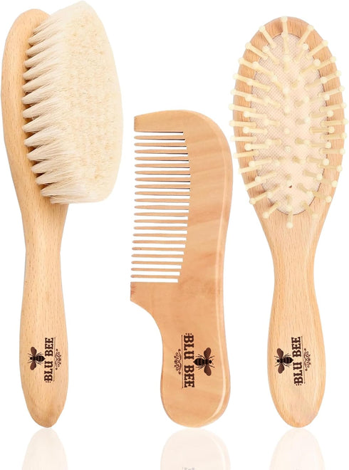 Set 3-in-1 Set The Hat Pros Wooden Baby Hairbrush & Comb | Soft Goat Hair Brush for New Born & Toddlers, Prevents