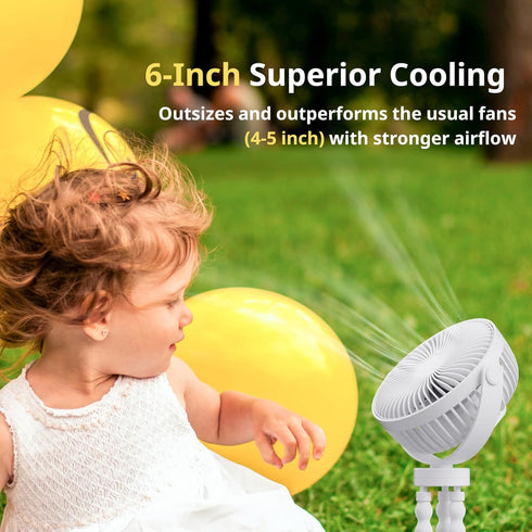 Portable Fan for Stroller - 6-inch Rechargeable Stroller Fan Clip on for Baby Strollers, Car Seats & More; Stroller Accessories for Outings, 4800 mAh Battery for Camping, Gym, Beach (Black)