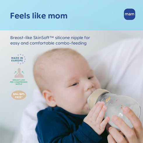 9oz 2+ 3 Pack MAM Premium Glass Wide Neck Baby Bottle with Medium Flow Breastfeeding-Like Silicone Nipple, Easy
