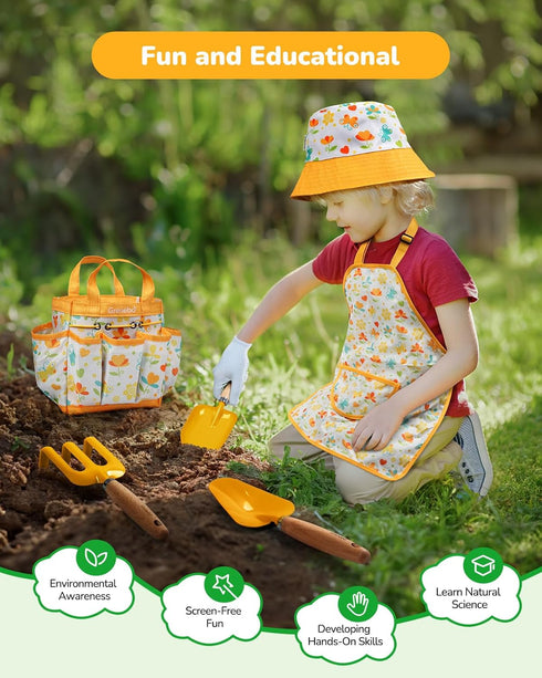 Set Grenebo Kids Gardening Toys,Includes Metal Trowel,Transplanting Shovel,Garden hat,Rake,Apron,Gloves,Watering