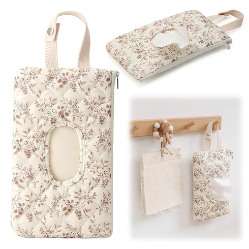 Quilted Baby Wipe Holder Floral Diaper and Wipes Pouch Portable Hanging Quilted Wipes Bag with Lanyard, Reusable Travel