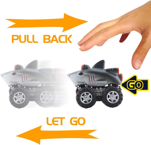DINOBROS Shark Toys Pull Back Cars, 4 Pack Ocean Animal Truck Toy, Gift for 3 Years Old and Up