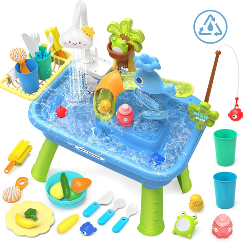 21" 4-in-1 Set H Play Sink with Running Water, Kids Kitchen Sink Toy with Electric Faucet, Mini Water Table