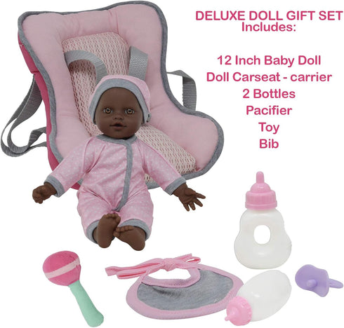 African American Doll Travel PlaySet - Baby Doll Car Seat Carrier Backpack with 12 Inch Soft Body Doll & Accessories