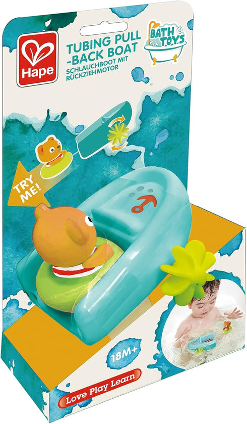 Hape Tubing Pull-Back Boat Bath Toy - Teddy Bear Floating Paddle Boat for Toddlers, Bathtub Shower Fun