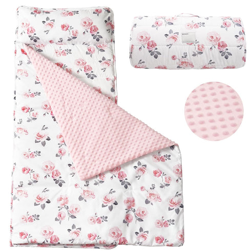 PHF Toddler Nap Mat, Floral Rollup Design with Removable Pillow & Minky Fleece Blanket, 50"x20"x2" for Kids