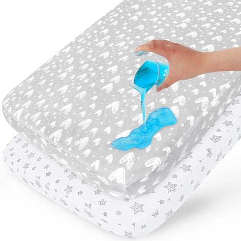Waterproof Pack n Play Fitted Sheets 2 Pack,100% Cotton Mini Crib Mattress