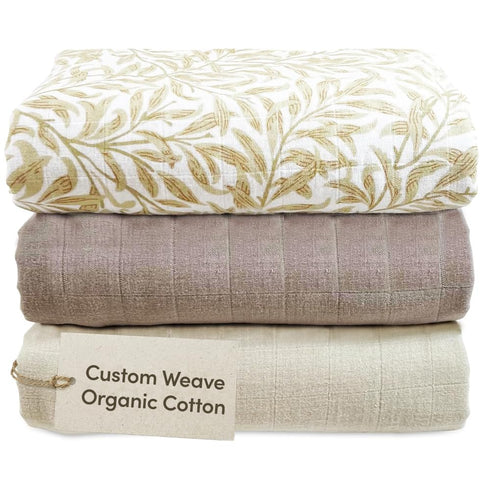MOZAH Organic Muslin Swaddle Blankets - Brown, Beige, and Beige Leaves -