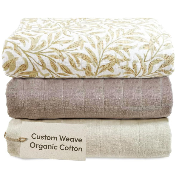 MOZAH Organic Muslin Swaddle Blankets - Brown, Beige, and Beige Leaves -
