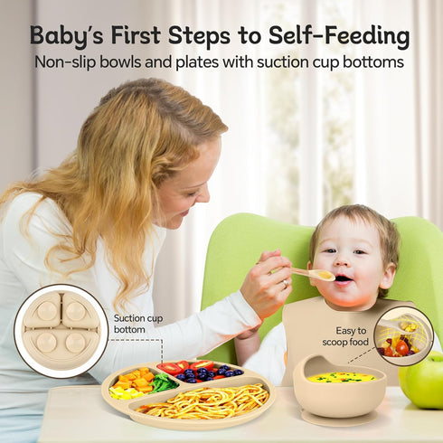 Set, set, Silicone Baby Feeding Baby Feeding Essentials, Baby Suction Bowl, Plates, Bib, Spoons Baby Led Weaning