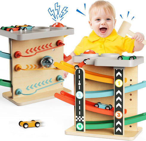 2-in-1 Set 1 2 3 Wooden Car Ramp Race Track Pound Ball Toddler Toy Ball Drop Baby Toy Gift for Year Old Boys Girls