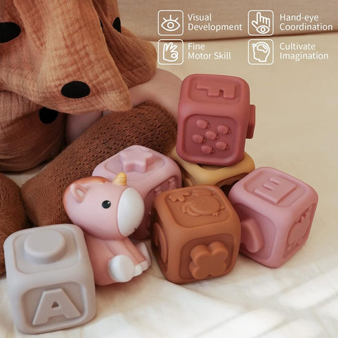 Nueplay 7 Pcs Soft Building Blocks, Sensory Stacking Toys with Horse Figure, Newborn Essentials for 6-18 Months Baby