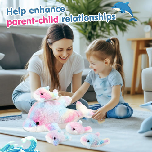 17-Inch 4 Set WEWILL Rainbow Dolphin Plush Toy with Baby | Soft & Cuddly Stuffed Family | Colorful Dolphin Plush Gift